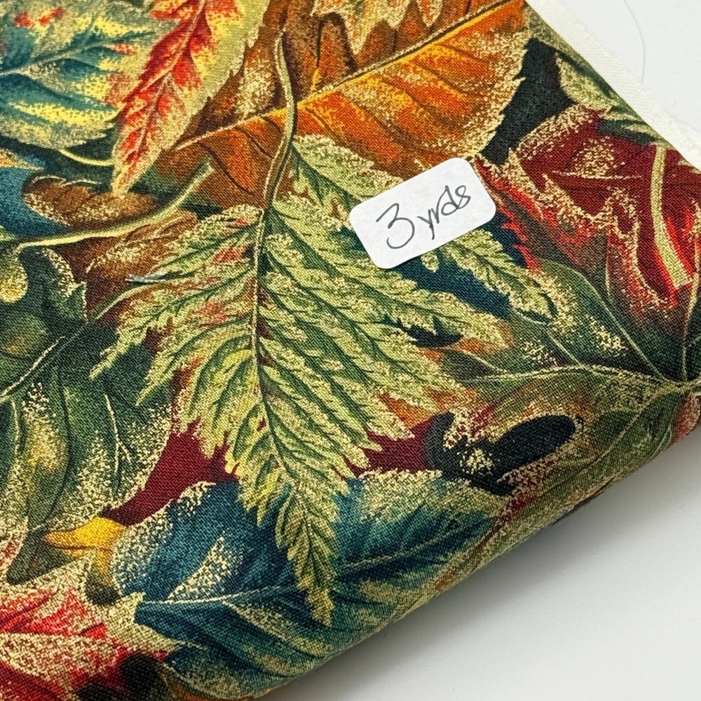 Autumn Leaf Upholstery Fabric Metallic Gold Accents Multicolor 3 Yards Cotton